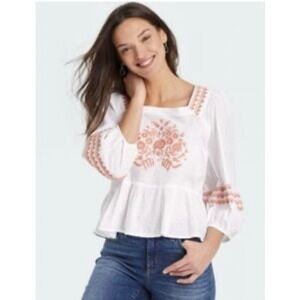 Universal‎ Thread White Terracotta Embroidered Floral Peplum Blouse 3/4 Sleeve L